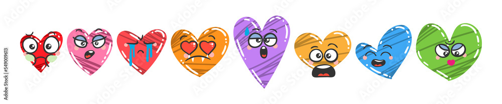 Fototapeta premium Heart Emoticon Set. Doodle faces, eyes and mouth for Valentine's Day and holidays of love. Caricature cartoon expressive emotions, smiling, crying and surprised character face expressions