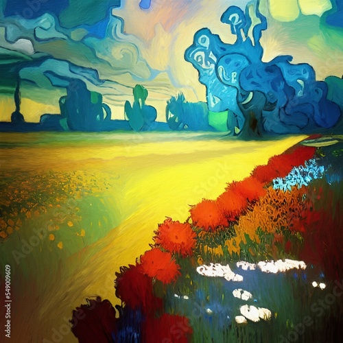 Graphic painting digital art rural colorful landscape at evening, field and hills, bright colors. Art print photo