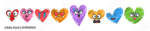 Heart Emoticon Set. Doodle faces, eyes and mouth for Valentine's Day and holidays of love. Caricature cartoon expressive emotions, smiling, crying and surprised character face expressions