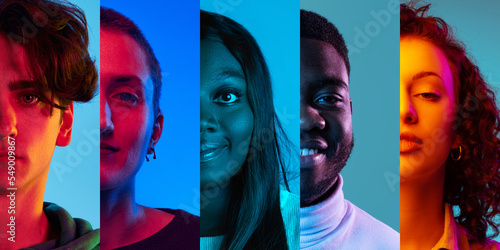 Cropped portraits of young people, men and women expressing different emotions over multicolored background in neon light. Collage made of 5 models looking at camera. © master1305