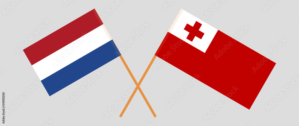 Crossed flags of the Netherlands and Tonga. Official colors. Correct proportion