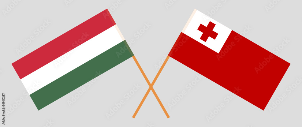 Crossed flags of Hungary and Tonga. Official colors. Correct proportion