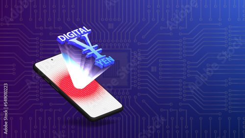 Vector 3d financial poster. Volumetric smartphone with a bright hologram digital Japanese yen on the background of a computer chip
