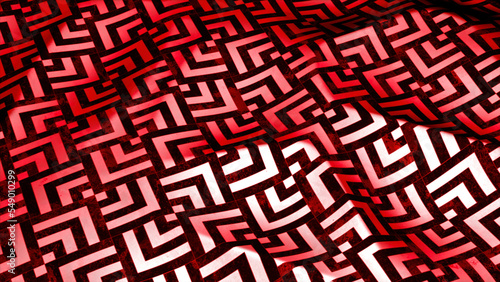 Red pattern on the floor. Motion.A vivid 3d illustration with black angular patterns that rises and falls.