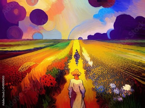 Graphic painting digital art rural colorful landscape at evening, field and h...