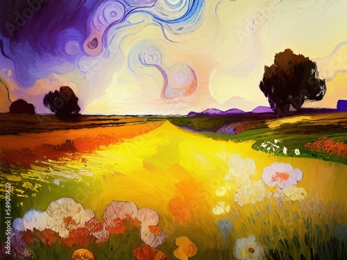 Graphic painting digital art rural colorful landscape at evening, field and hills, bright colors. Art print photo