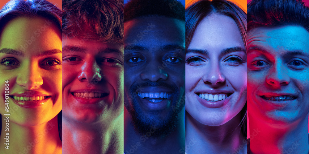 Happiness. Closeup portraits of young emotional people, men and women expressing different emotions over multicolored background in neon light. Collage made of 5 models looking at camera. - obrazy, fototapety, plakaty 