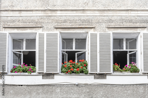 Open old white windows with wooden shutters, flowers on the windowsill. © Anelo