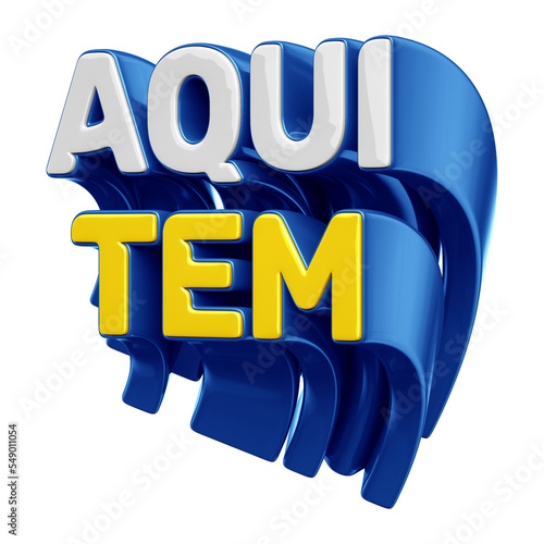 Selo 3D Aqui tem em azul e amarelo, selo de ofertas isolado 
