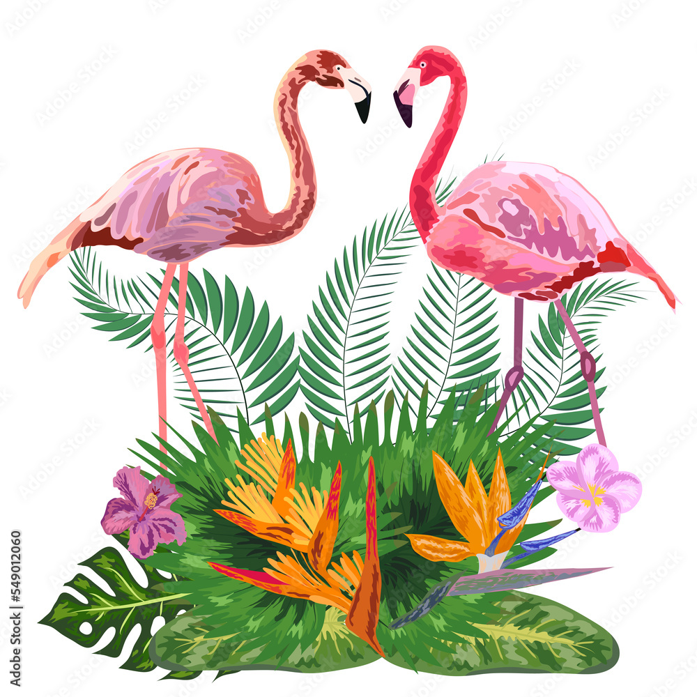 Fototapeta premium Pair of flamingos and flowers