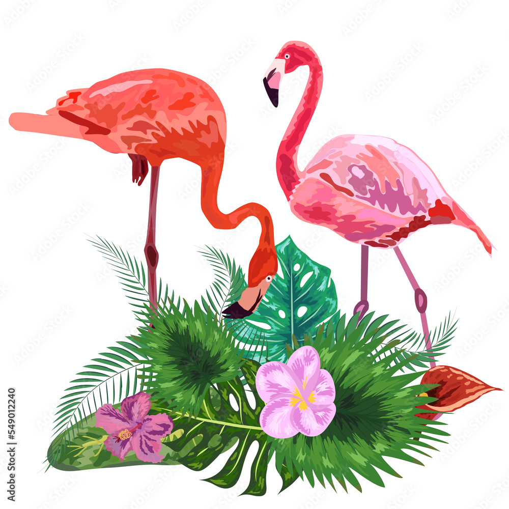 Obraz premium Pair of flamingos and flowers