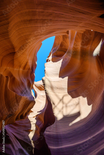 Sandstone cliffs in Navajo Upper Antelope Canyon, Arizona, USA.