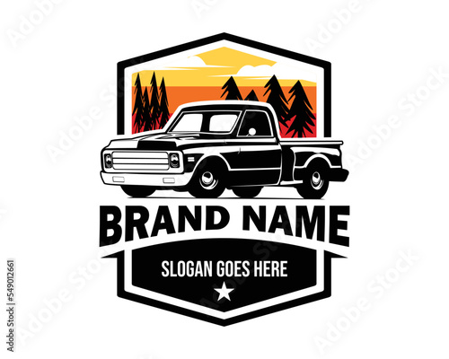 vintage truck logo isolated side view white background best for delivery company, badge, emblem, garage.