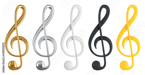 Realistic vector treble clef set. 3D illustration of golden, silver and yellow glossy music sign.