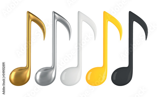 Realistic vector music notes. 3D illustration of golden, silver and white glossy notes.