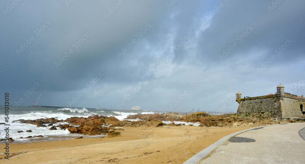 Panorama view of the Fortress Sao Francisco Xavier and beach at the Atlantic ocean in Porto, Portugal