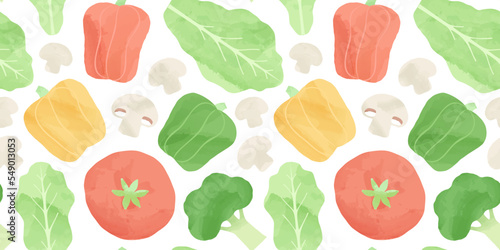 Vegetable watercolor drawing seamless pattern. Hand drawn cooking ingredient background illustration for restaurant, food recipe or healthy eating concept. Includes broccoli, mushroom and tomato.