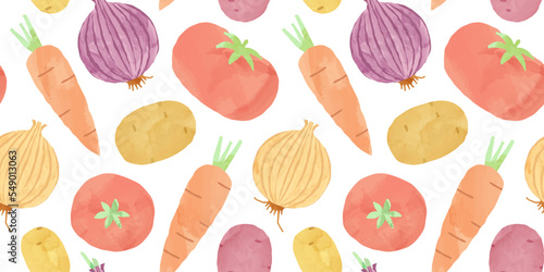 Vegetable watercolor drawing seamless pattern. Hand drawn cooking ingredient background illustration for restaurant, food recipe or healthy eating concept. Includes carrot, onion and tomato.