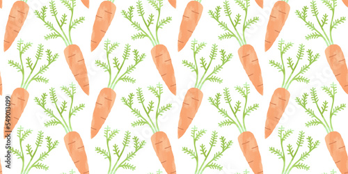 Carrot vegetable watercolor drawing seamless pattern. Natural organic cooking ingredient background for restaurant, food recipe or healthy eating concept.