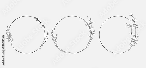 Line art Flowers Frame on white background. Lavender wreath outline. Wedding Circle border vector