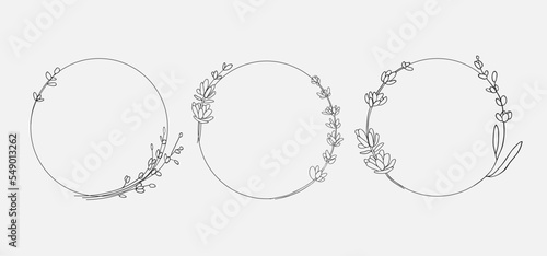 Line art Flowers Frame on white background. Lavender wreath outline. Wedding Circle border vector