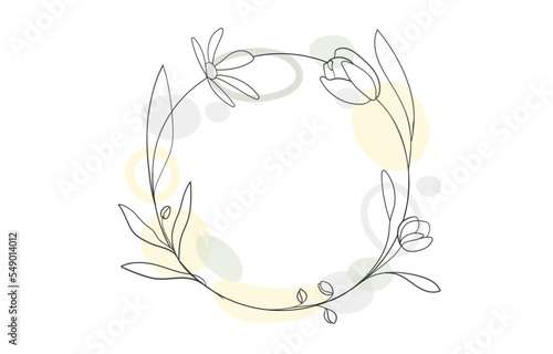 Line art Flowers Frame with color shape on white background. Tulips Frame outline. Leaves border vector