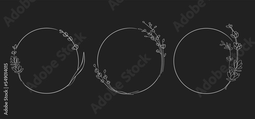 Line art Flowers Wreath Frame on black background. Lavender wreath outline. Wedding Circle border vector. Thin elegant wreath