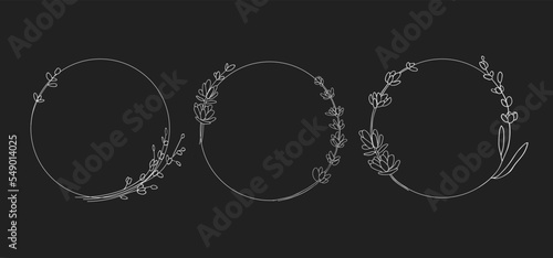 Line art Flowers Frame on black background. Lavender wreath outline. Wedding Circle border vector