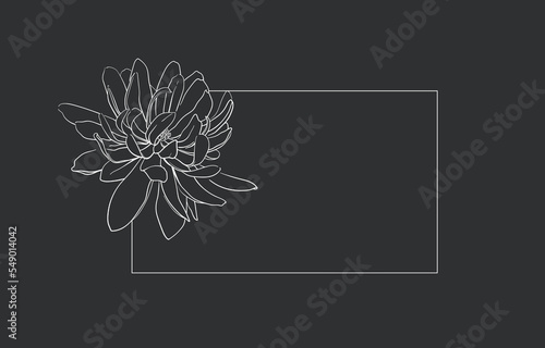 White Magnolia flower border outline on black background. Vector Magnolia frame elegant line art drawing. 