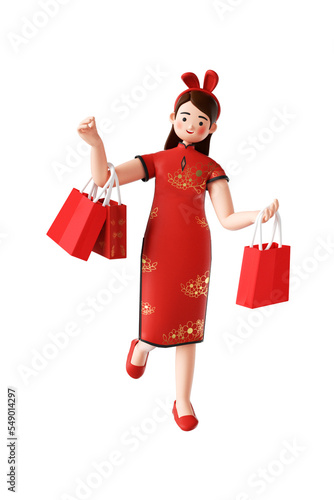 3D Asian girl wearing traditional Chinese festive costume and carrying shopping bags