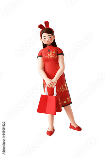 3D Asian girl wearing traditional Chinese festive costume carrying shopping bags