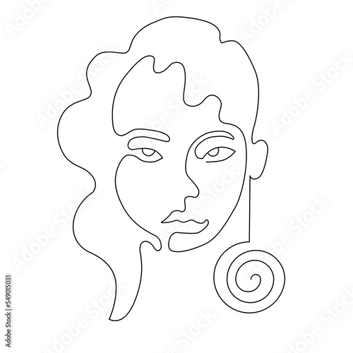 Linear art of the girl's face. Silhouette of a woman. Contour. Model. Portrait. Fashion. One line. Trending vector illustration.