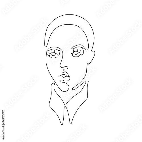 Linear art of the girl's face. Silhouette of a woman. Contour. Model. Portrait. Fashion. One line. Trending vector illustration.