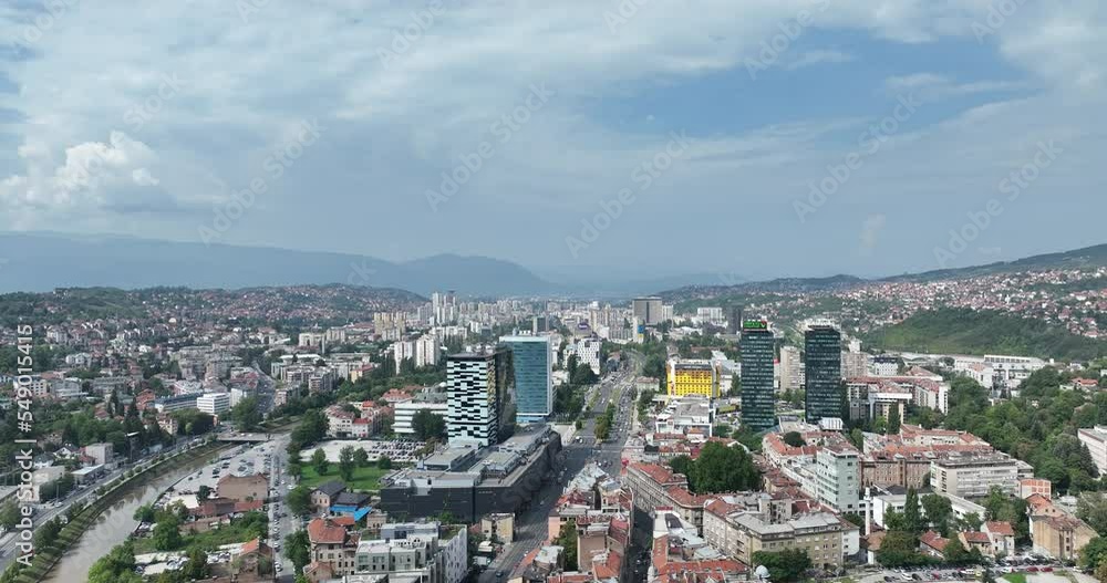 Sarajevo city, Bosnia and Herzegovina capital cityscape drone aerial footage at foggy and sunny day Sarajevo city, Bosnia and Herzegovina capital cityscape drone aerial footage at foggy and sunny day
