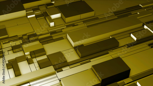 Abstract visualization of many containers of different size. Motion. Golden and silver slowly moving boxes.