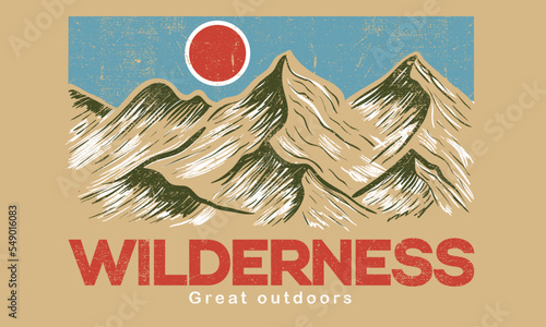 Adventure at the mountain graphic artwork for t shirt and others. Mountain with tree retro vintage print design.