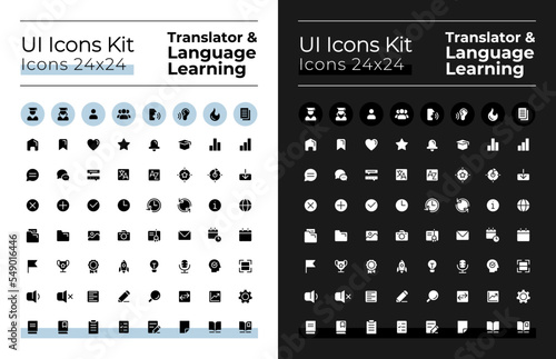 Translator glyph ui icons set for dark, light mode. Language learning. Silhouette symbols for night, day themes. Solid pictograms. Vector isolated illustrations. Montserrat Bold, Light fonts used