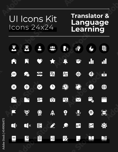 Language learning white glyph ui icons set for dark mode. Silhouette symbols on black background. Solid pictograms for web, mobile. Vector isolated illustrations. Montserrat Bold, Light fonts used