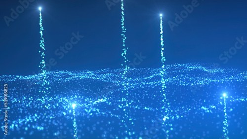 Bright glowing dots in stream. Motion. Energy flow with bright particles and moving dots. Energy or cosmic flow with waves of luminous particles
