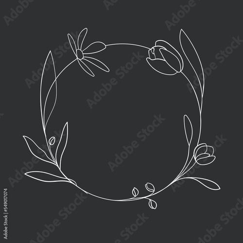 Line art Flowers Frame with color shape on black background. Tulips Frame outline. Leaves border vector