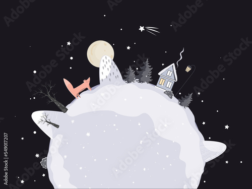 Doodle Winter Planet with a place for greeting text. Cute small Xmas planet with a fox, house and tress. Christmas and New Year card. Vector illustration