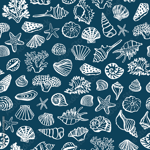 Shells, corals sea vector seamless pattern.