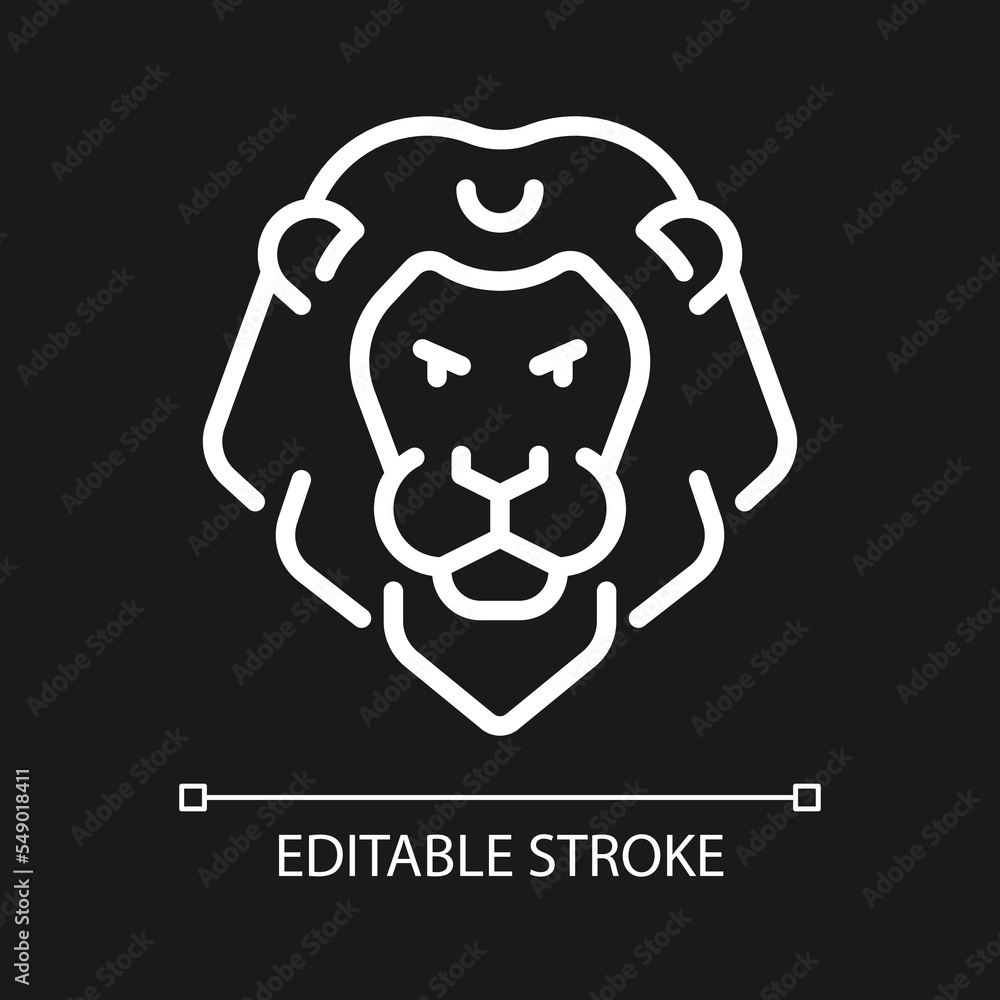 Lion head pixel perfect white linear icon for dark theme. Zodiac sign of western astrology. Majestic animal. Thin line illustration. Isolated symbol for night mode. Editable stroke. Arial font used Lion head pixel perfect white linear icon for dark theme. Zodiac sign of western astrology. Majestic animal. Thin line illustration. Isolated symbol for night mode. Editable stroke. Arial font used