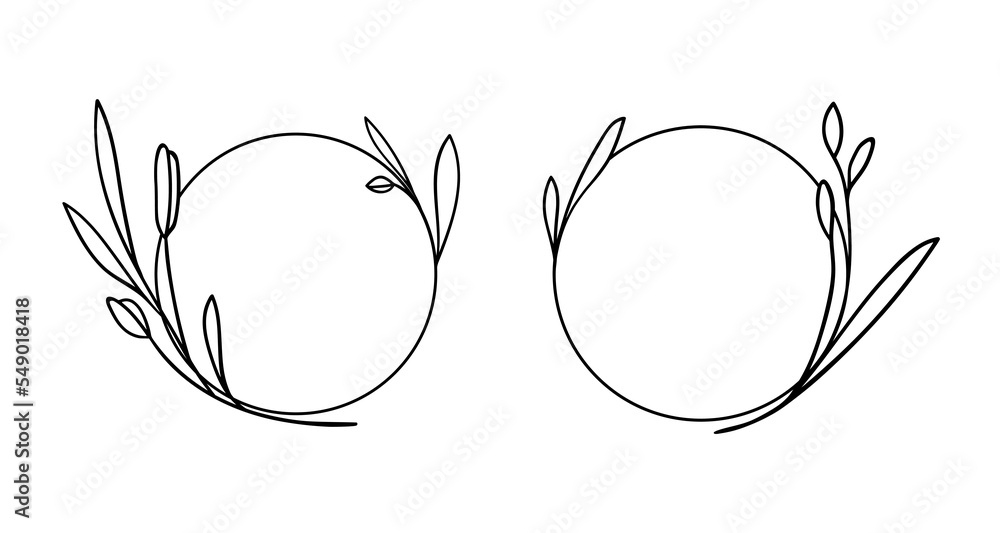Vector Flowers Wreath Frame line art on white background. Leaves wreath outline. Wedding Circle border vector. Vector elegant wreath Vector Flowers Wreath Frame line art on white background. Leaves wreath outline. Wedding Circle border vector. Vector elegant wreath