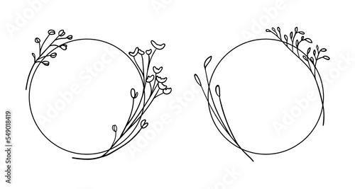 Vector Wildflowers Wreath Frame Line art isolated on white background.  Wedding Circle border. Vector elegant wreath
