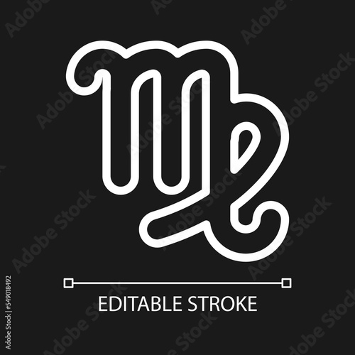 Virgo pixel perfect white linear icon for dark theme. Sign of zodiacal constellations. Astrological maiden. Thin line illustration. Isolated symbol for night mode. Editable stroke. Arial font used