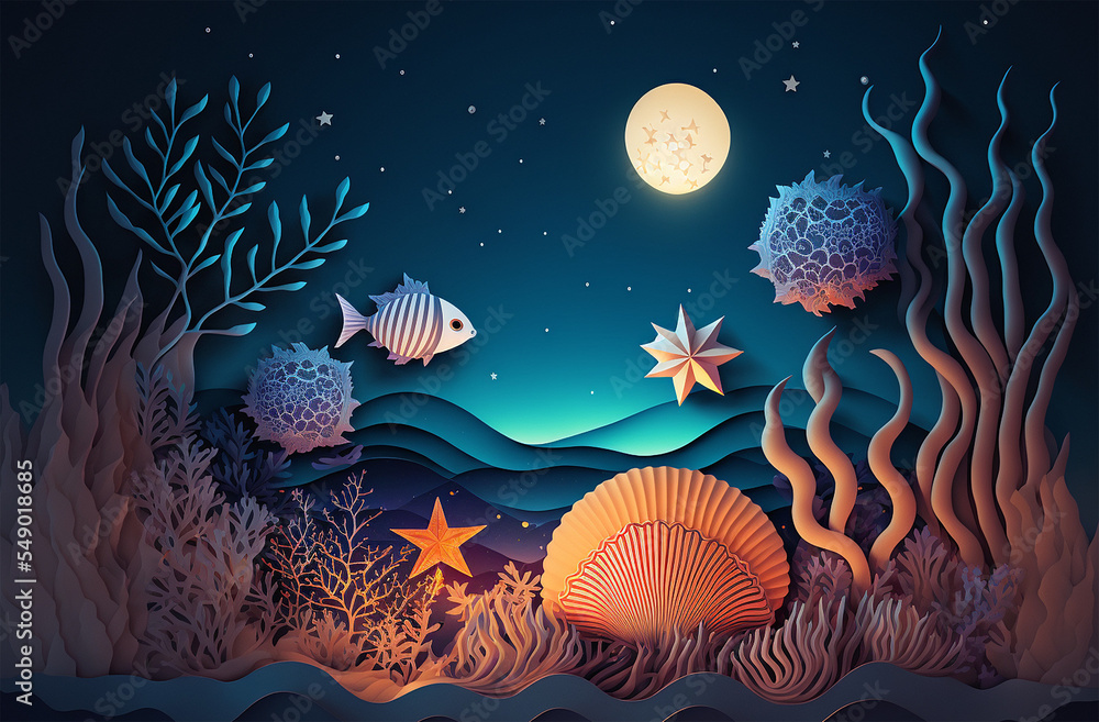 Fototapeta premium Illustration in paper cut craft style of Beautiful underwater sea or ocean scene at night time with fish, seashell, seaweed glow light , moon, Generative Ai