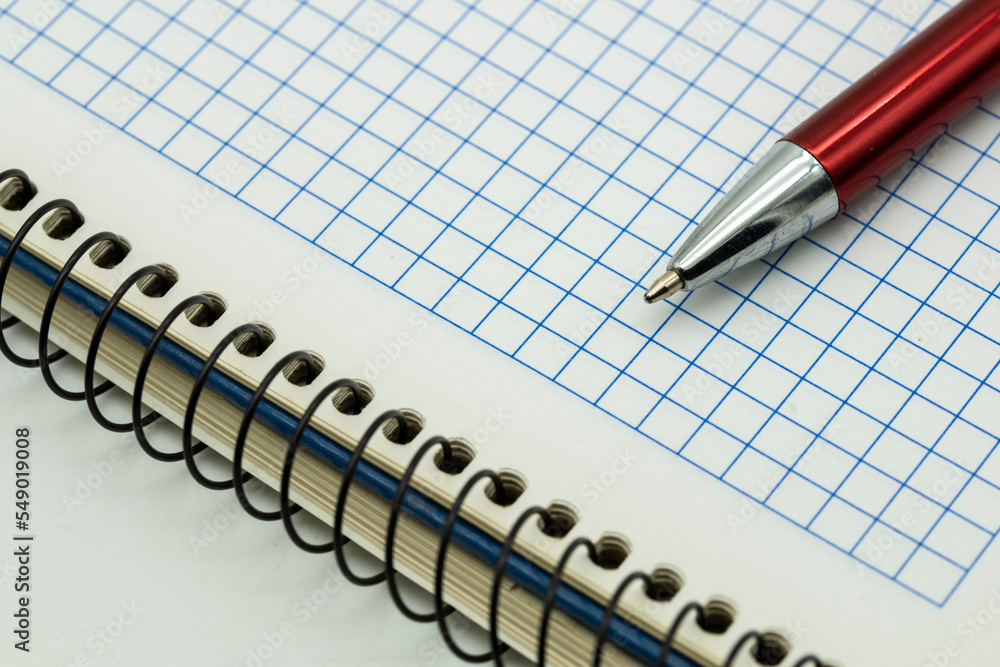 Detalle de un bolígrafo sobre un bloc de notas de hojas cuadriculadas Detalle de un bolígrafo sobre un bloc de notas de hojas cuadriculadas