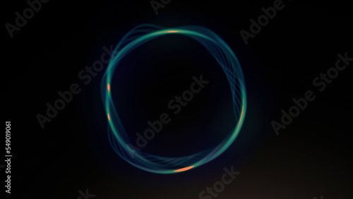 Black background . Motion . A bright neon ring in animation that moves apart in different directions and draws patterns with bright rays.