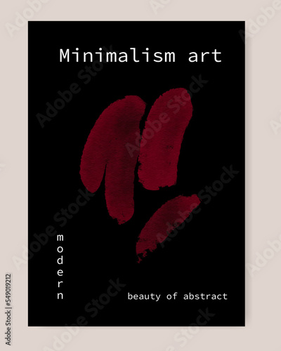 Illustration with Acrylic red brush stoke Abstract composition on black background. Minimal modern art for print, wall design, stationary, post. 